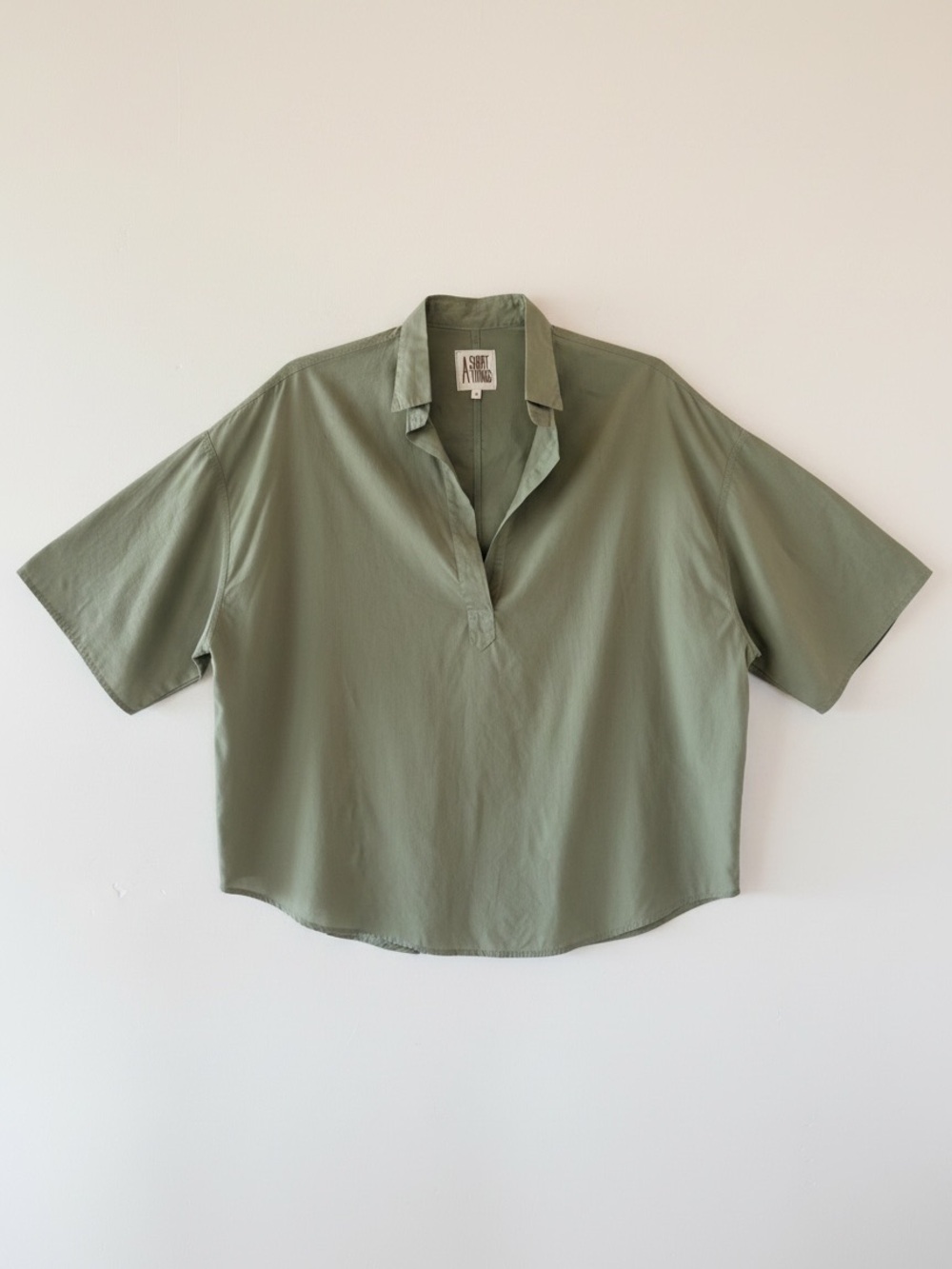 A Shirt Thing Oversized Cotton Poplin V-Neck Blouse Olive Green Medium